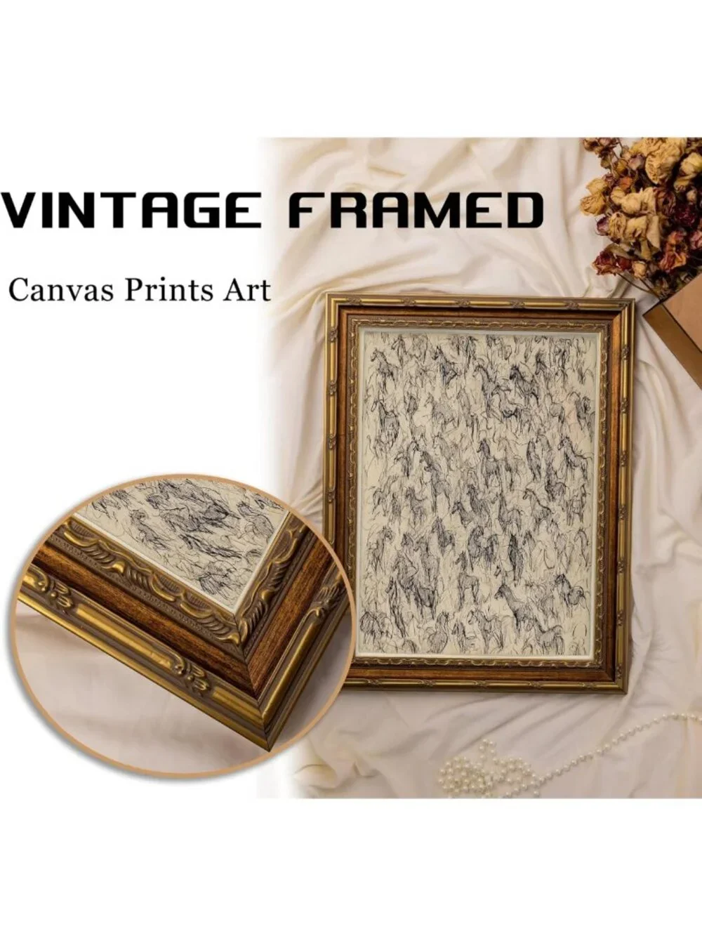 Vintage Gold Framed Horse Sketch Wall Art, Rustic Equestrian Canvas Print Decor